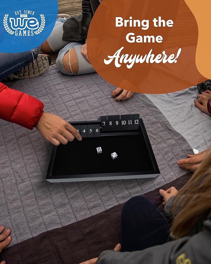 WE Games Wooden Shut The Box - Close The Box Set Pub Game with 12 Number Tiles & 2 Dice Games - 13.5” Black Stained Finish, for Adults