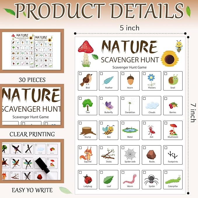 Hoolerry 30 Pcs Nature Scavenger Hunt for Kids Road Trip Game Car Scavenger Hunt Cards Travel Activities Camping Games Outdoor Indoor Seek Activity for Kids Adults(Nature)
