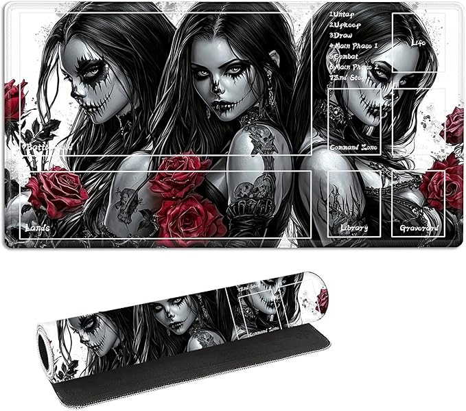 for MTG Playmat with Zones Storage Bag, for TCG Playmat and Playing Card Mat for Magic Board Games, Gothic Women Non-Slip Stitched Edges Game Mat, Rollable Foldable Card Playmats