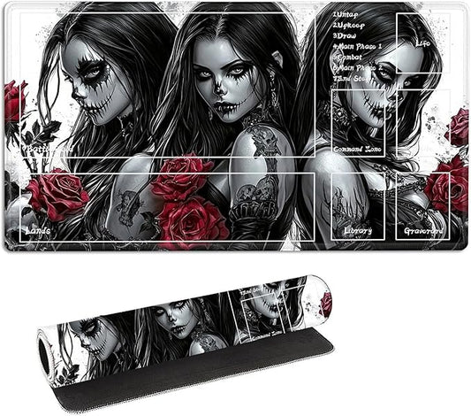 for MTG Playmat with Zones Storage Bag, for TCG Playmat and Playing Card Mat for Magic Board Games, Gothic Women Non-Slip Stitched Edges Game Mat, Rollable Foldable Card Playmats