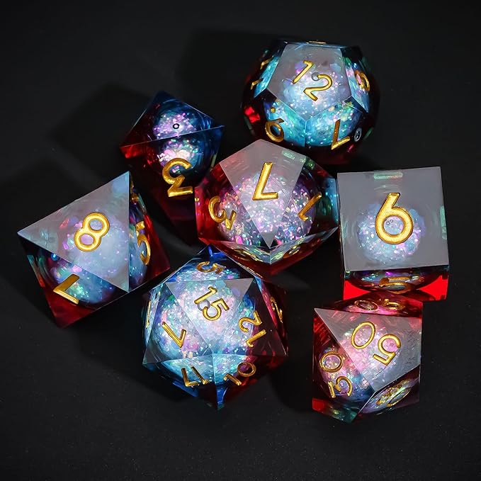 7PCS DND Dice Set,Liquid Core Sharp Edge Dice Set D&D RPG Polyhedral Die,for Dungeons and Dragons Games Roleplaying Games Pathfinder,with Gift Box(Liquid Core-Blue with Red)