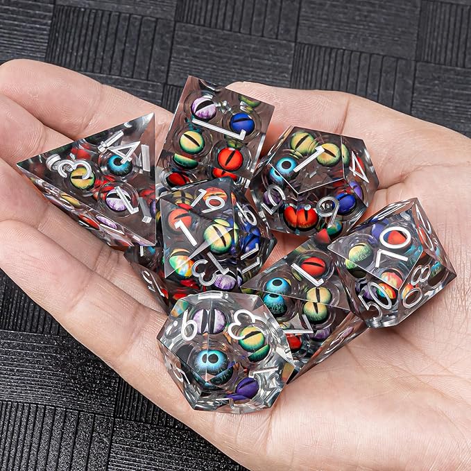 Sharp Edged Dice Set Mix Colored Eyeball Dice 22-32mm Large DND Dice with Box, Dungeons and Dragons Polyhedral D&D Role Playing Board Game D&D Dice Set D20 D12 D10 D8 D6 D4 (Colorful Eyes+Silver Ink)