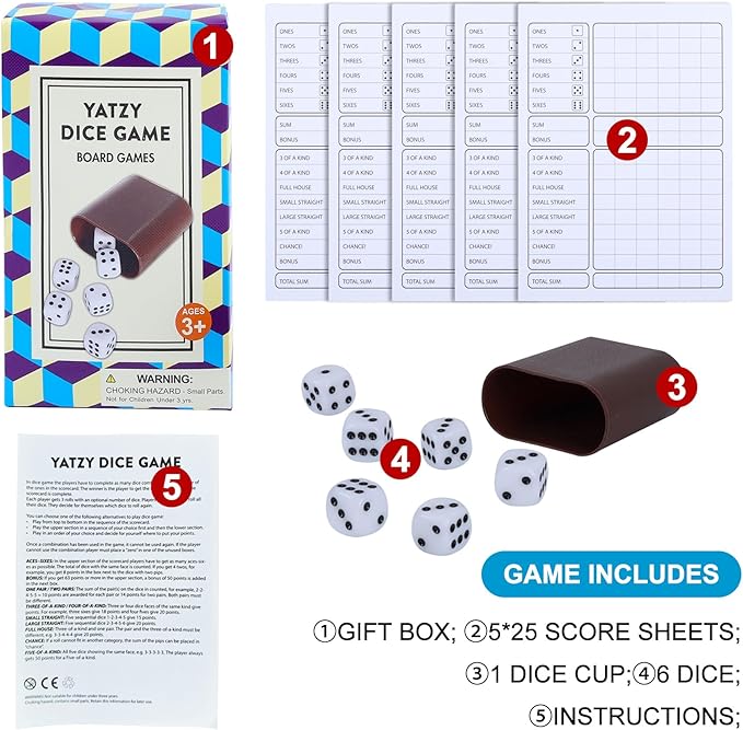 Classic Dice Game with 6 Dice, 1 Convenient Dice Cup, 125 Score Sheets and Instructions - Fun Family Game for Parties, Travel, Camp, and Game Nights - Ideal for 2-6 Players (Ages 3+)