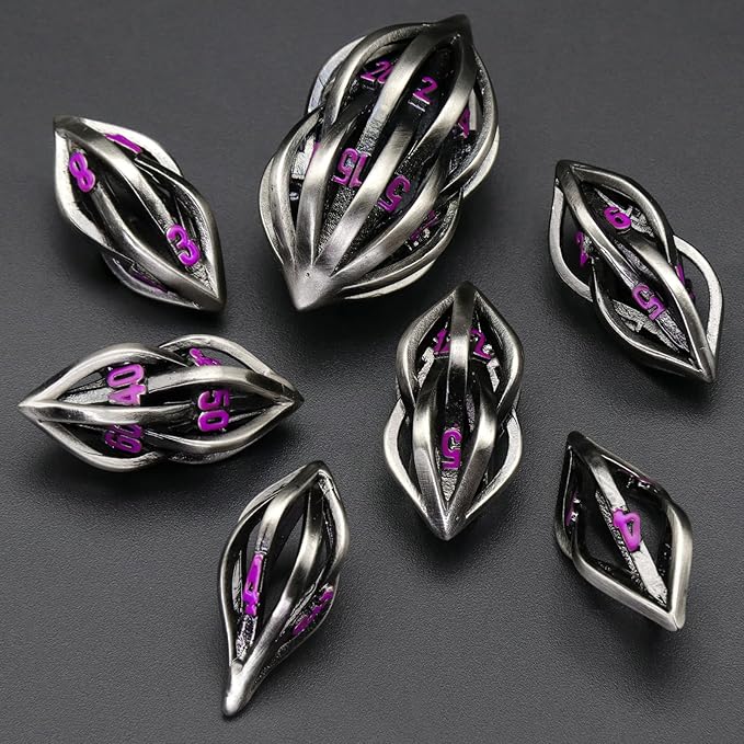 D&D Metal Dice Set Arcanum with Box Hollow Role Playing DND Dice Polyhedral Gaming RPG Dice for Tabletop Dungeons and Dragons D20 D12 D10 D8 D6 D4 (Arcanum Purple Number)