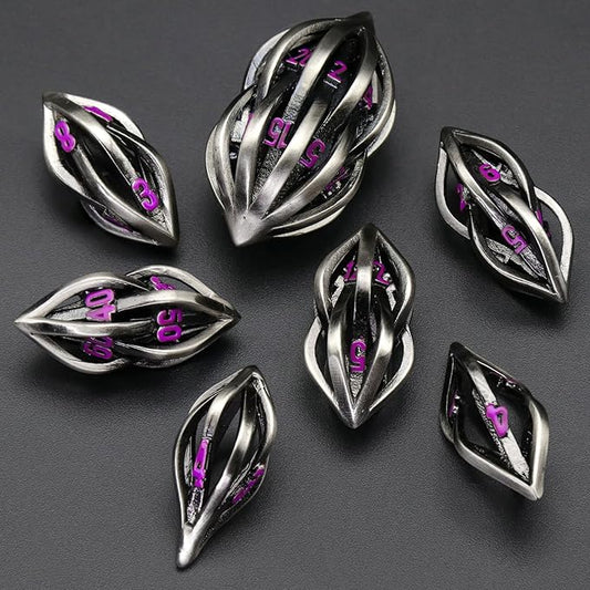 D&D Metal Dice Set Arcanum with Box Hollow Role Playing DND Dice Polyhedral Gaming RPG Dice for Tabletop Dungeons and Dragons D20 D12 D10 D8 D6 D4 (Arcanum Purple Number)