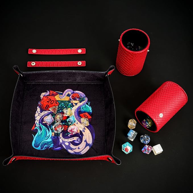 3 in 1 PU Leather Dice Rolling Tray with Two Dice Cup Set, Portable Folding DND Dice Trays for RPG Board Games and Pub Party Games