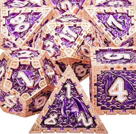 ARUOHHA DND Metal Dice Handmade Purple D and D Dice Gift Box, Dragon Design Polyhedral Role Playing Dice Set D20 D12 D10 D8 D6 D4