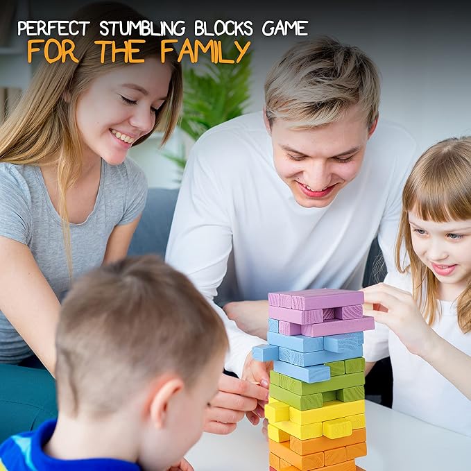 Pidoko Kids Wooden Stacking Building Blocks (49 Pcs) - Colorful Tumbling Blocks Board Games for Family Game Night - Montessori Toys Gifts, Includes Storage Bag