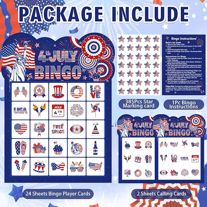 4th of July Bingo Game Cards for Kids Adults, 24 Players Patriotic Bingo Cards Independence Day Game for School Classroom Family Activities Patriotic Party Favors Supplies