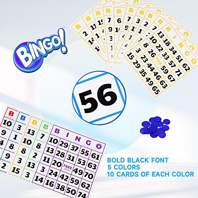 GSE Games & Sports Expert 50-Pack Jumbo Multi-Color Bingo Cards, Large Font Numbers, Reusable Bingo Cardboard for Large Groups, Family/Friend Parties, Game Nights