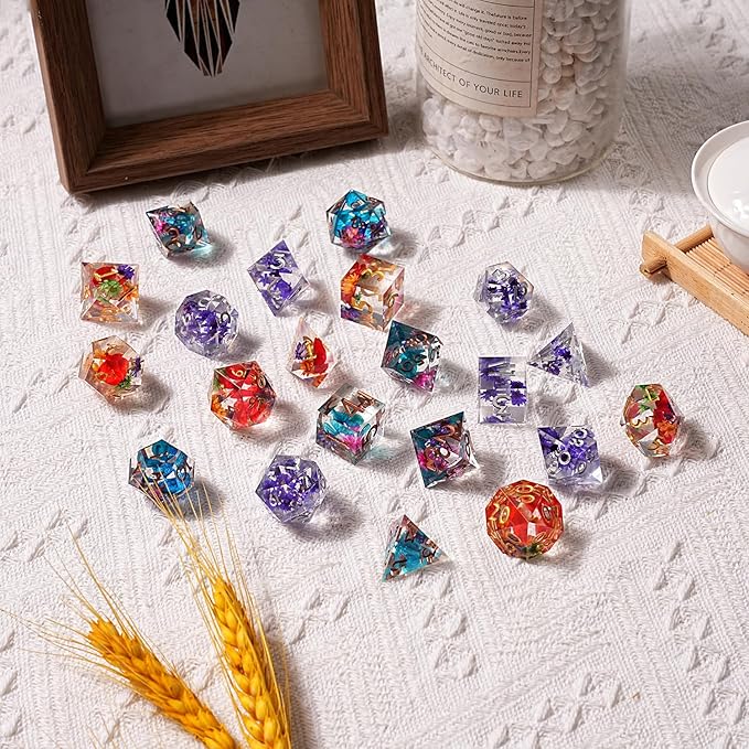 Resin DND Dice Set, Sharp Edge Flower Floral D&D 7-Die for Dungeons and Dragons, Resin Dice D and D, 7PCS Die for RPG Role Playing Games D&D Starter Kit
