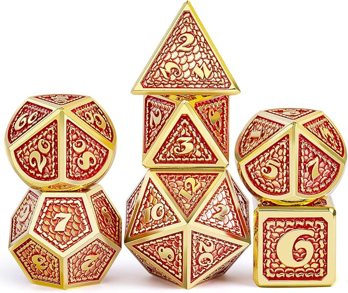 DNDND Metal Gaming Dice, 7 PCS Red Dragon Scale Metallic DND Die with Velvet Pouch for Dungeons & Dragon D&D Game (Red with Gold Edge)