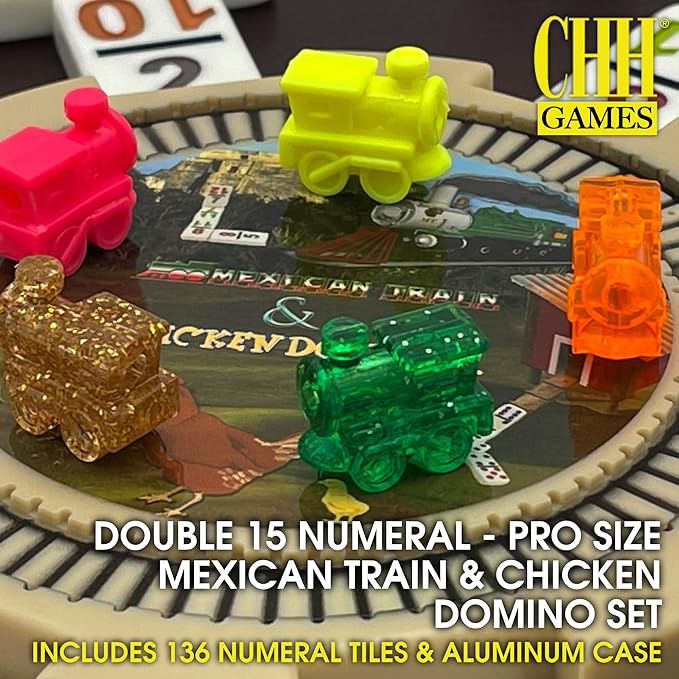CHH Double 15 Numeral Pro Size Mexican Train & Chicken Domino Set in Aluminum Case – 136 Multicolor Tiles – Complete Set with Train Markers and Hub