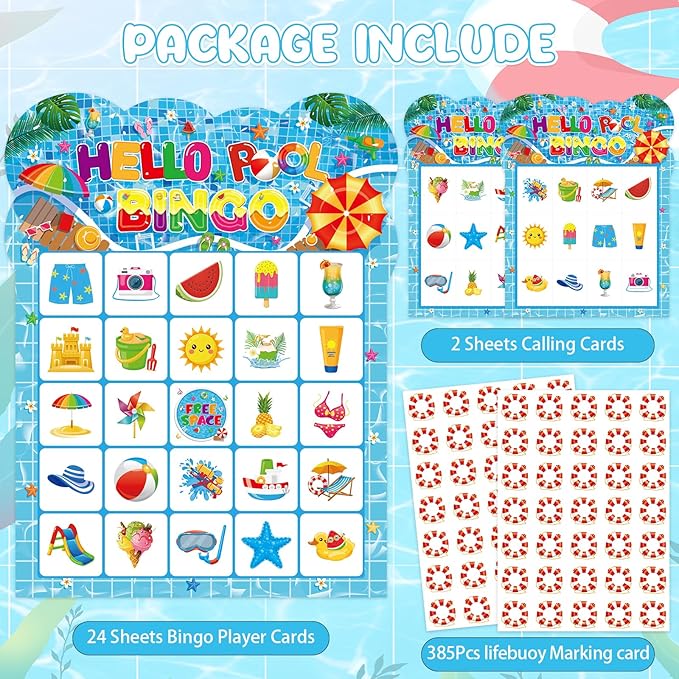 Pool Party Bingo Games for Kids Adults, 24 Players Summer Bingo Game Cards for School Classroom Family Activities Hawaiian Tropical Party Favors Supplies