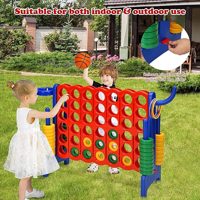 Giant 4 in a Row Connect Game, Jumbo 4 to Score Game Set w/ 42 Chess Rings, Basketball & Hoop, Toss Rings & Quick-Release Lever, Indoor & Outdoor Family Party Game for Kids & Adults