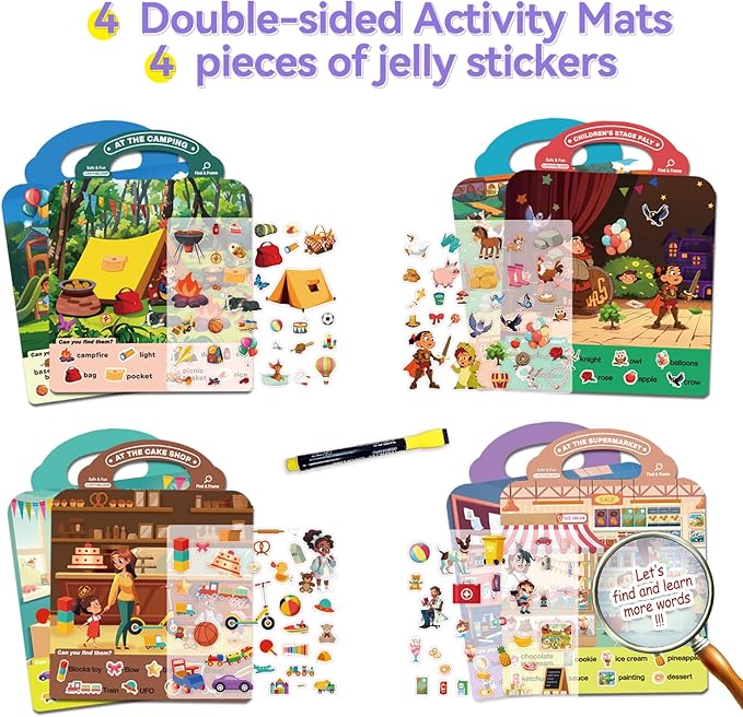 Reusable Search Game and Find Sticker Books for Kids 3-5, Educational Preschool Learning Car Road Trip Airplane Activities for Toddlers Travel Toys 2-4 Year Old, Christmas Birthday Gift for Boys Girls