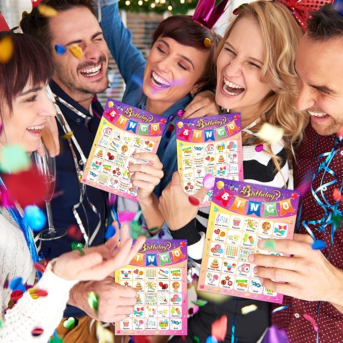 Happy Birthday Bingo Cards, 24 Players Birthday Party Bingo Game for Kids Boys Girls Adults, Fun Game for Family Celebration Favor