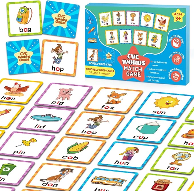Memory Game, CVC Word Games Kindergarten, Memory Games for Kids Ages 4-8, Matching Games for Toddlers 3-5, Phonics Games Flash Cards 2-4 Years, Memory Card Game Homeschool Learning Educational Toys