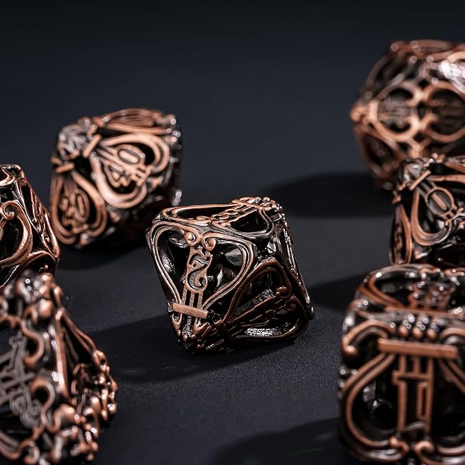 Cusdie 7-Die Metal Dice Set - Hollow Design with Bells - Crisp Sounding Gaming Dice in Tin Box - Perfect for Tabletop RPGs & Board Games(Ancient Copper)