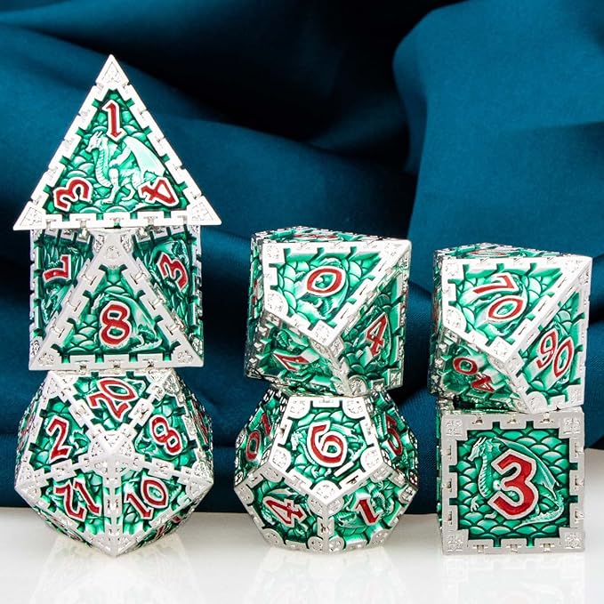 ARUOHHA DND Metal Dice Set 7pcs Green Large Dragon Polyhedral Dice 6 Sided Role Playing Game Handmade D and D Dice D20 D12 D10 D8 D6 D4
