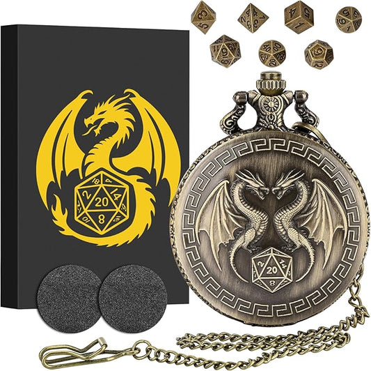 Mini DND Dice Set with Steampunk Double Dragon Pocket Watch Case, Tiny 7-Piece Polyhedral Metal D&D Dice, DND Gifts with Gift Box, Role Playing Game Board Game Accessories Dice, Bronze