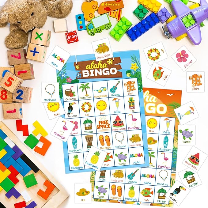 Luau Bingo Game for Kids 24 Players Hawaiian Aloha Tropical Summer Luau Party Games Favors Supplies