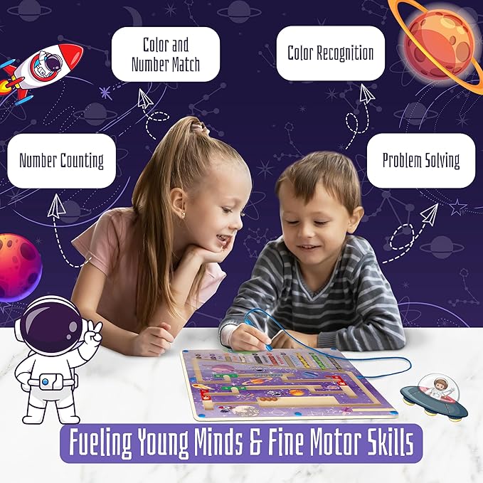 Magnet Color and Number Maze, Montessori Maze Board, Magnetic Maze for Kids Ages 3-5, Montessori Toys, Toddler Toys Ages 3-7, Space Themed Toys, Travel Toy for Toddlers