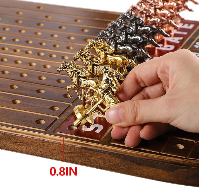 Large 21 Inches Horse Race Board Game Thickened Wood Finish Line Horse Racing Game for Friend's Party Included 11 Metal Horses,2 Dices and 2 Decks of Cards（Oval,Vintage Flame）