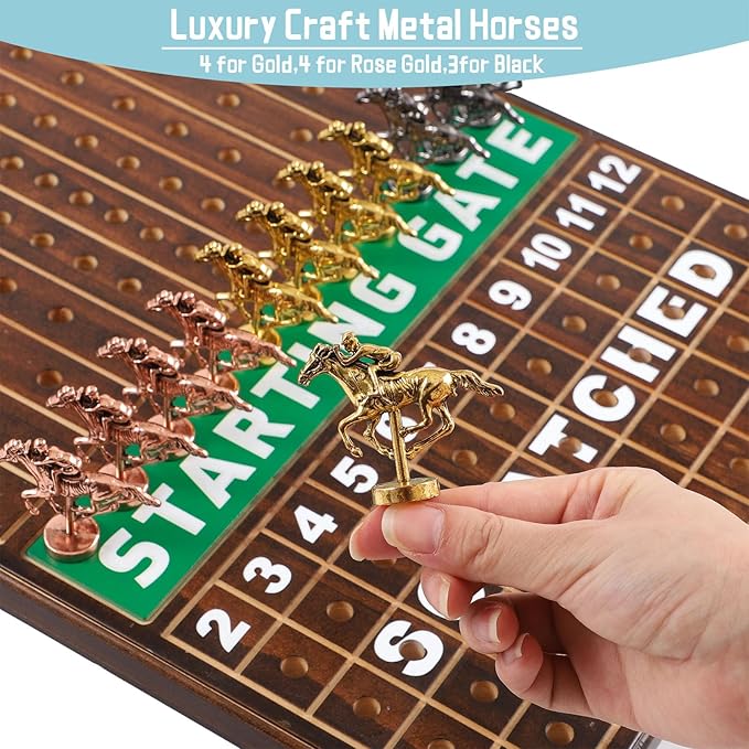 21 in Large Horse Racing Board Game Comes with 11 Luxurious Metal Horses, 2 Dice and 2 Boxes of Cards Solid Wood Horse Racing Board Color Box Packaging Finish Line Game Horse Racing Set(Burnt Color)