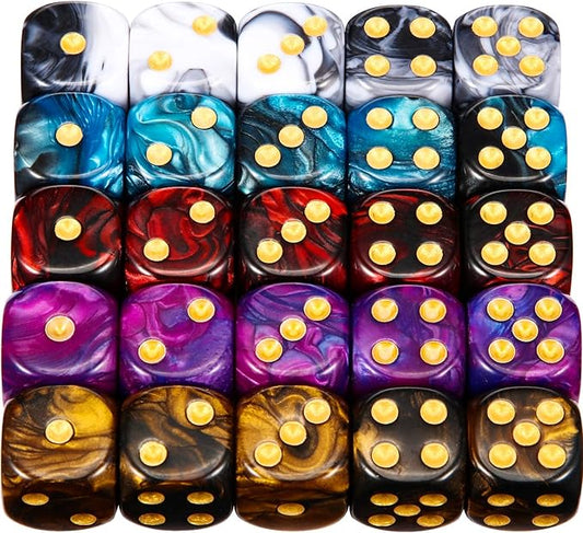 TecUnite 25 Pieces Colored Dice 6 Sided Dice Set, 6 Sided Standard Dices with Black Drawstring Storage Bag for Board Games, Parties, Math Learning, Classroom(Marble Color,6 Sides)