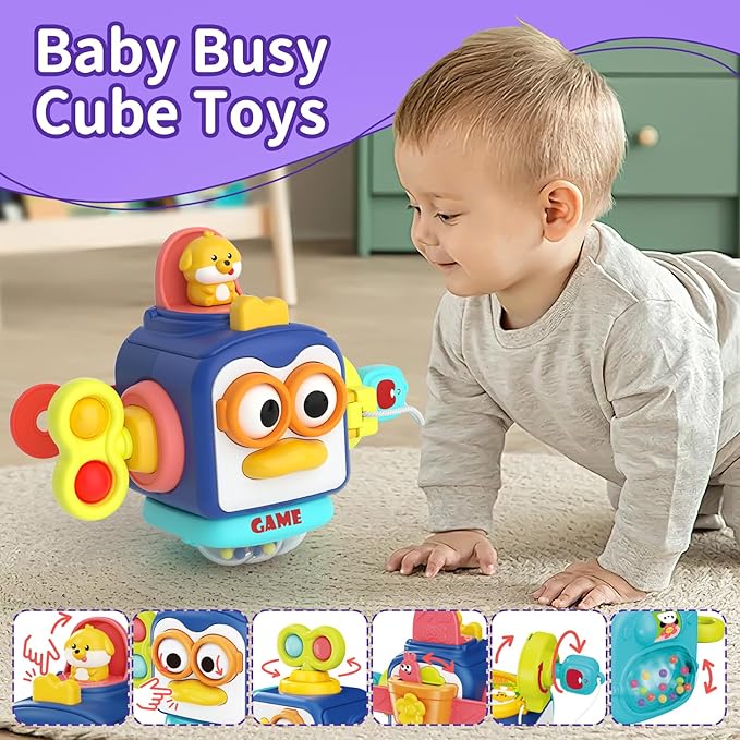 4 in 1 Baby Toys for 6 12 18 Month, Learning Toys for Babies 6-12 Months, Busy Cube, Stacking Sorter, Piano Xylophone Pull String Travel Toy, Birthday Gifts for Toddlers 1 2 Years Old