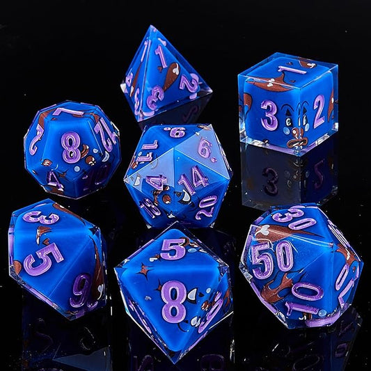 DND Dice Set Polyhedral, IDTQ Dungeons and Dragons Purple Dice Set RPG MTG Table Games 7-Die Resin Sharp with Acrylic Starlight Accent Box (Expression-Blue)