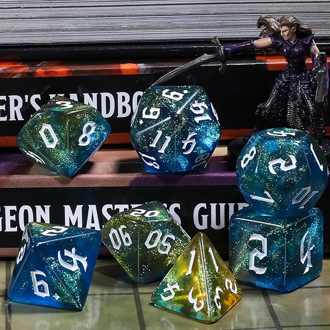 CiaraQ DND Polyhedral Dice Set for Dungeons and Dragons RPG MTG Role Playing Table Games-with 1 Dice Pouch (Blue + Yellow + Glitter)