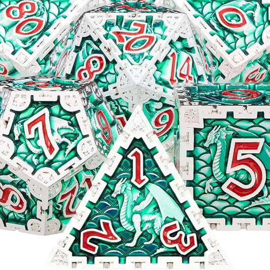 ARUOHHA DND Metal Dice Set 7pcs Green Large Dragon Polyhedral Dice 6 Sided Role Playing Game Handmade D and D Dice D20 D12 D10 D8 D6 D4