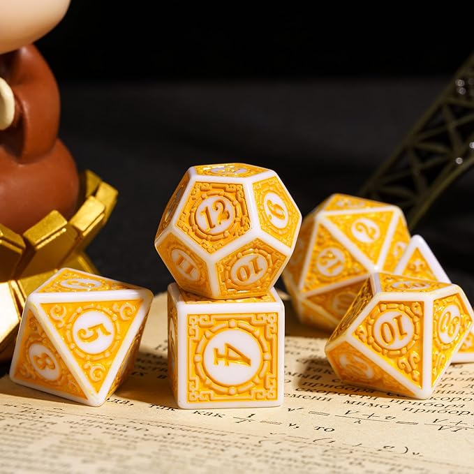 7PCs DND Dice Set, Unique Window Lattice Pattern D&D Dice Set with Leather Die Bag, Polyhedral Die for Dungeons and Dragons, RPG Table Games (Yellow/White)