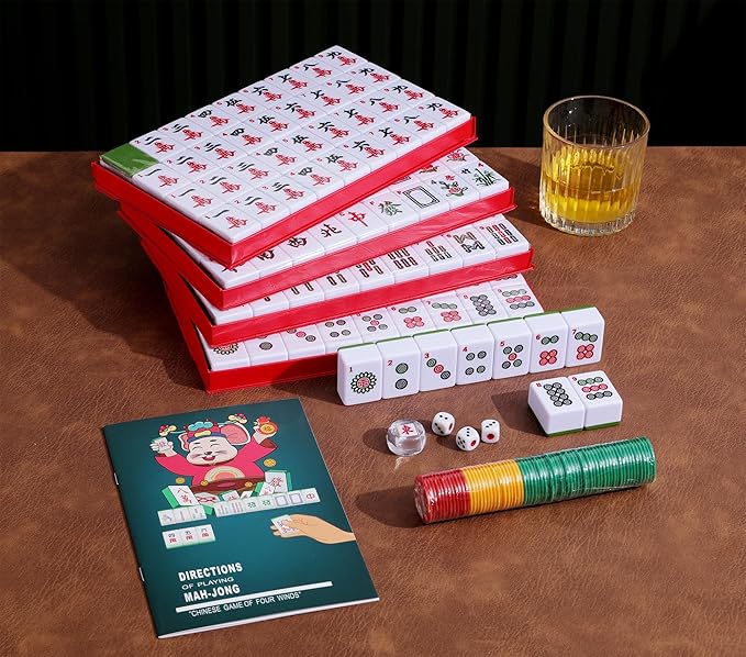 Mose Cafolo Chinese Mahjong Set X-Large 146 Numbered Melamine 1.5" Large Size Tile with Carrying Travel Case, English Manual, Pro Complete Mahjongg Game Set (Majiang, Mah Jongg)