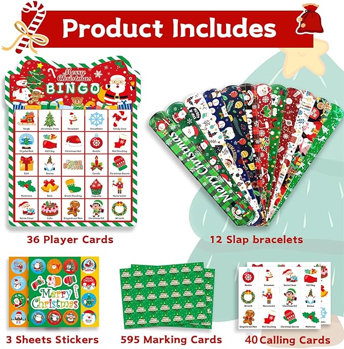 Christmas Bingo Game - Christmas Bingo for Kids Adults, 36 Players Bingo Cards Christmas Games with Reward Stickers Christmas Slap Bracelets for Classroom Activities Family Party Favors Xmas Gifts