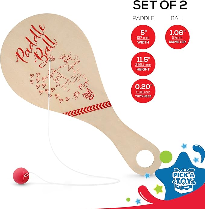 PICK A TOY Wooden Paddle Ball with String (Set of 2) with Green Carry Bag - Indoor Outdoor Toy: Kids Fun and Classic Paddleball Game for Boys and Girls, Party Favor Toys Ages 4+