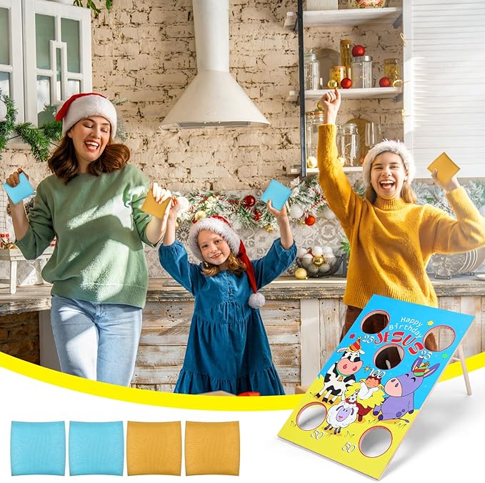 24 x 17 Inch Large Christmas Toss Game Happy Birthday Jesus Bean Bag Game with 6 Bags Religious Christmas Party Favor for Church Sunday School Classroom Family Yard Indoor Outdoor Party Supplies