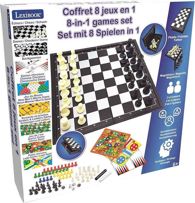 LEXiBOOK , 8-in-1 Games Set, Chess, Checkers, Backgammon, Chinese Checkers, Nine Men's Morris Game, Snakes & Ladders Game, Goose Game, Ludo Game, JGM800