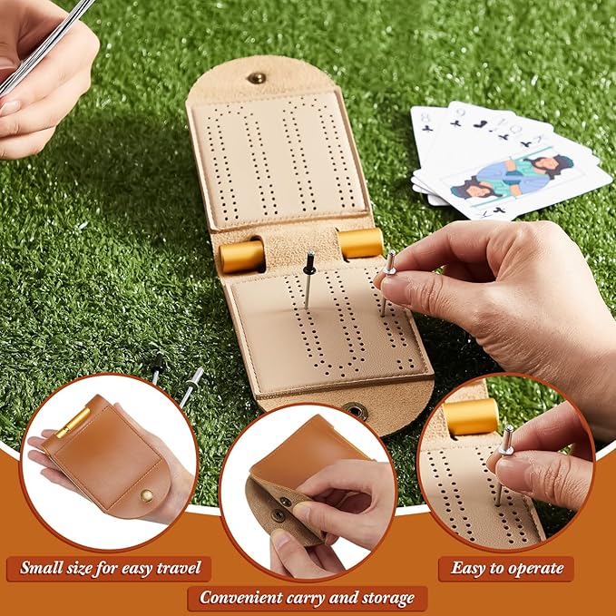 Liliful 2 Sets Travel Cribbage Board Game Sets Portable Travel Games Each Set with 4 Metal Pegs, 1 Mini Leather Cribbage Board, 2 Track 1 Storage Slot