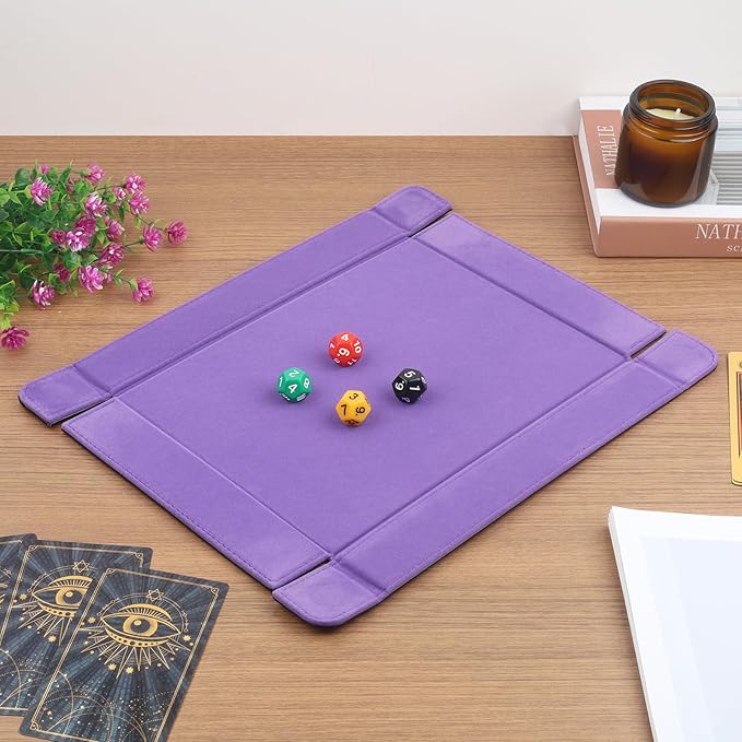 PU Leather Dice Tray Magnetic Folding Dice Rolling Mat with Purple Felt Lining for Dice Games Portable Tabletop Board Games Tray
