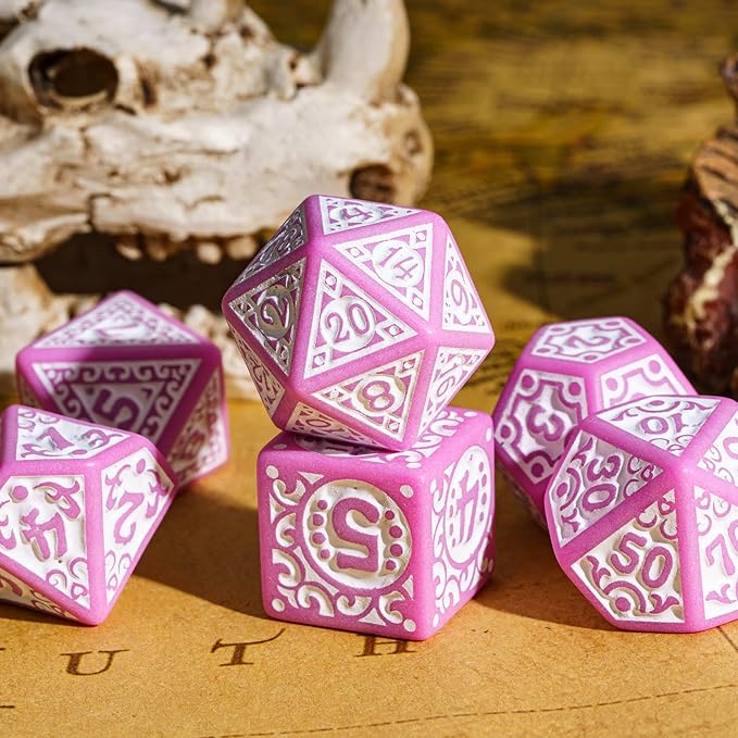 7-Die DND Dice Set New Pattern Polyhedral Dice Set with Leather Bag D&D Dice Set for Dungeons and Dragons RPG MTG Table Games(Pink White)