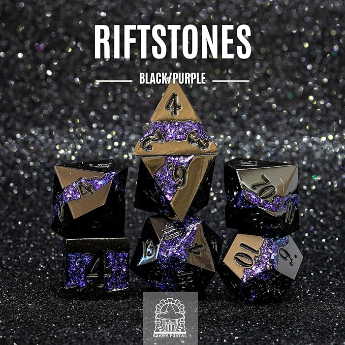 Sage's Portal Metal Riftstone DND Dice 7-PC Polyhedral Dice Set for DND TTRPG Dungeons and Dragons Pathfinder Oversized Designer Dice (Gloss Black/Purple)