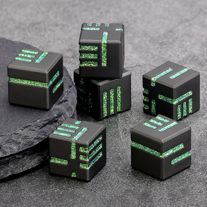 D6 Metal Dice, 16mm 6 Sided Dice Set, ZHOORQI 6Pcs/Set Tech-Themed New Concept Glittery Lines D6 Dice for DND, Tabletop RPGs Gifts（D6-Glitter Green）