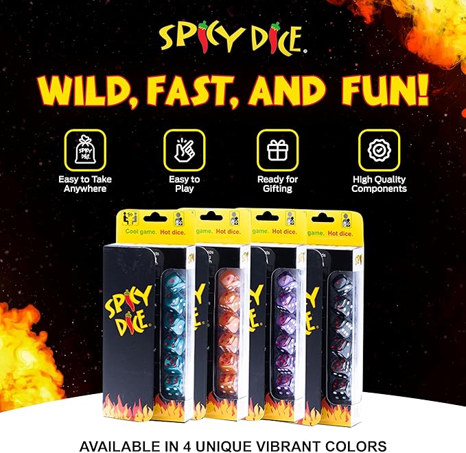 Teal - Like Card and Board Games? Like Farkle, Tenzi, LCR & Yacht? You'll Love Spicy Dice, with red dots for Wild or Double Score. Great for Travel.