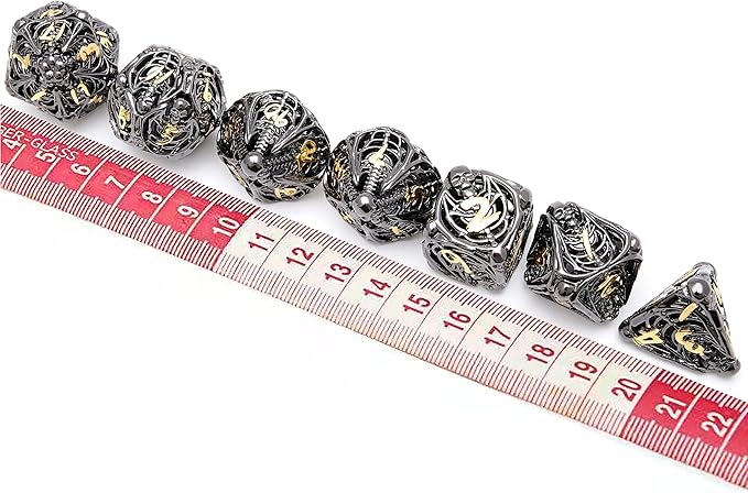 Hollow Metal DND Game Dice Black and Gold Numbers 7Pcs Set for Dungeons and Dragons RPG MTG Table Games D&D Pathfinder Shadowrun and Math Teaching (with Metal Case)