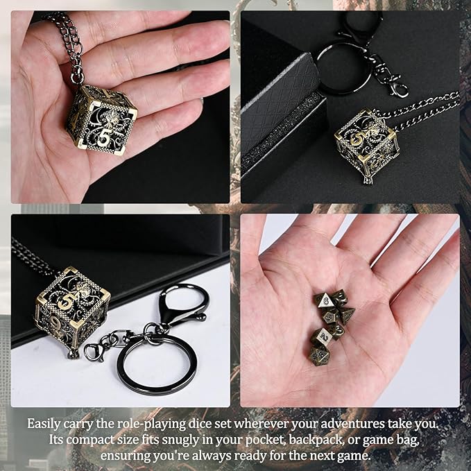 Mini DND Dice Set with 3D Octopus Shell and Necklace, 3PCS Polyhedral Metal Dice Set Perfect for MTG, RPG, Board Games Accessory (ZY02-Bronze)