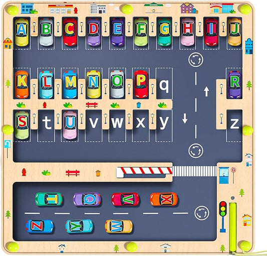 Magnetic Alphabet Maze Letter Puzzle Board, NOWRICH Montessori Toys for 2 3 4 5 Years Old Boys Girls, Magnet Alphabet Learning Car Parking Maze Toys for Kids 3-5, Easter Birthday Gifts for Toddler