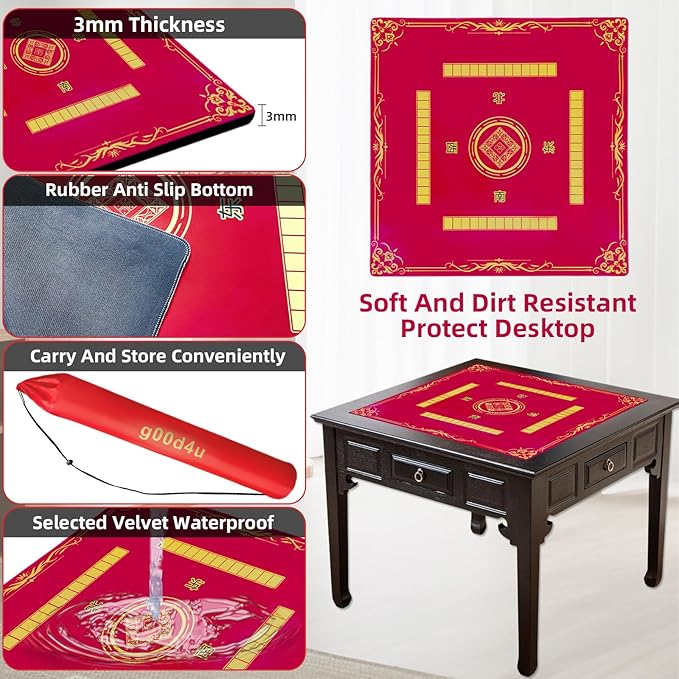 Mahjong Mat, 3mm Thick Noise Reducing Mahjong Mat for Tables 31.5x31.5 Inch Waterproof Surface with Drawstring Storage Bag - Durable Non-Slip Design for Poker Cards Dominoes and Tile Games (Red)